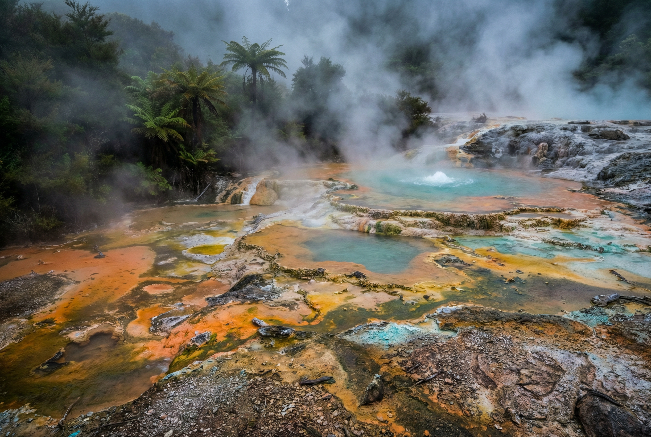 Geothermal landscape with colourful mineral pools and rising steam