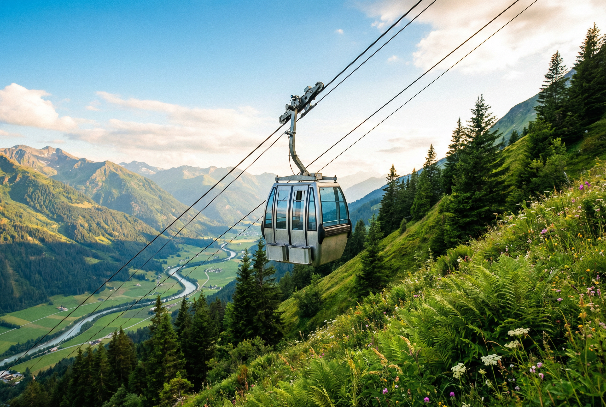 Scenic mountain gondola ascending through alpine landscape