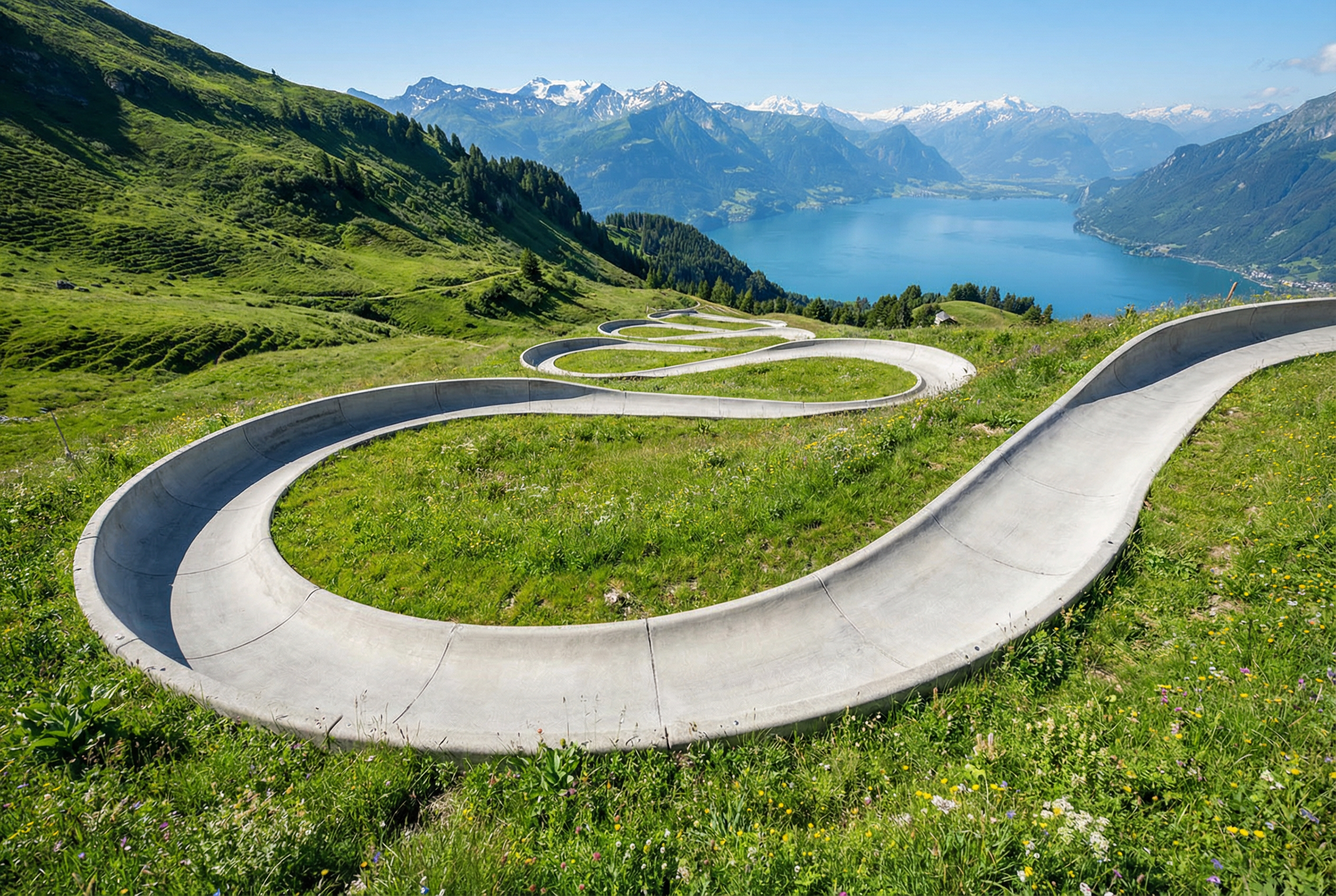 Scenic luge track winding through lush green hillside with mountain views